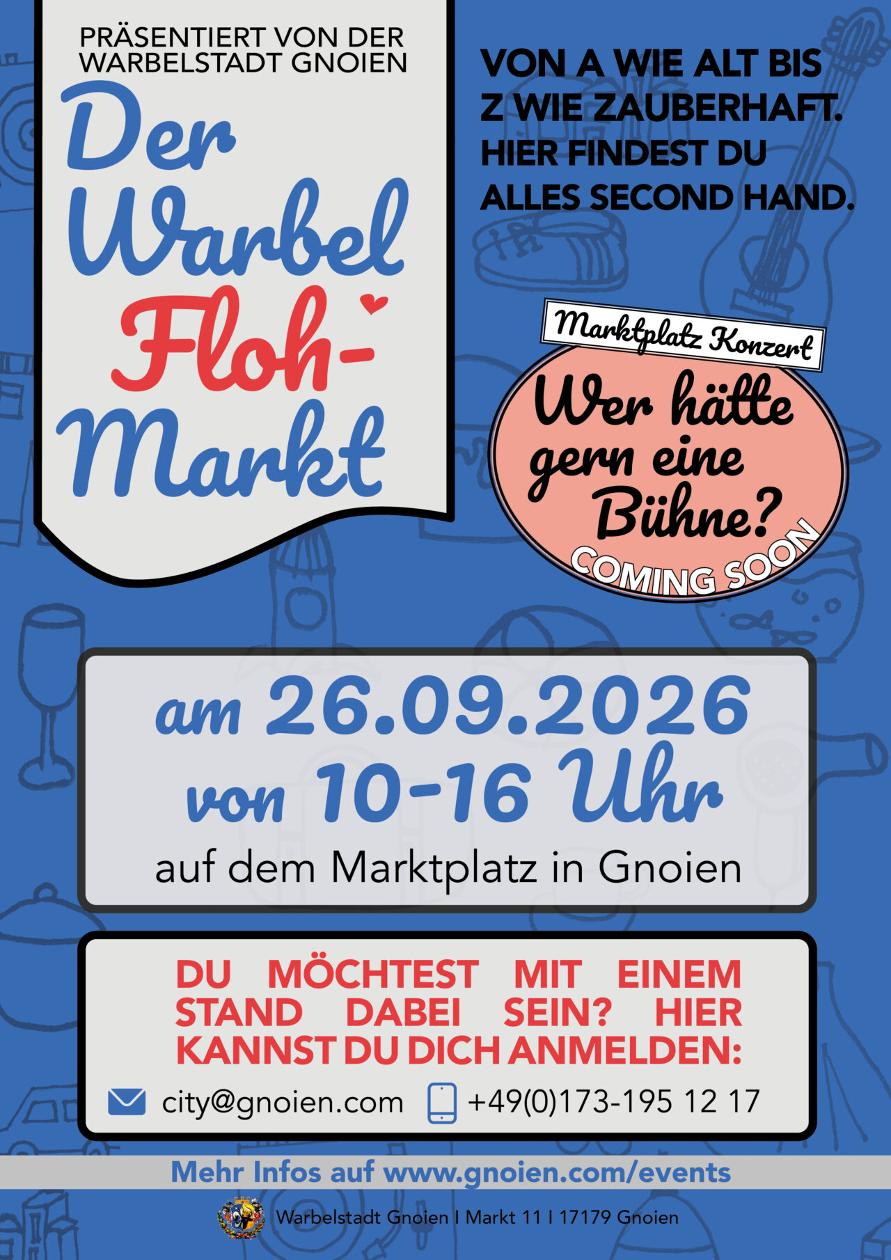 Der Warbel FlohMarkt am 26. September 2026 von 10-16 Uhr mit einem Marktplatz Konzert