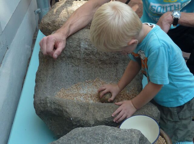 Mehlmahlen in frühzeitlichen Trogmühlen und Backen von Brotfladen